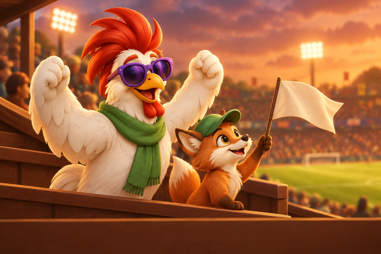 Maskot Roostina fandí na dřevěné tribuně pod světly stadionu