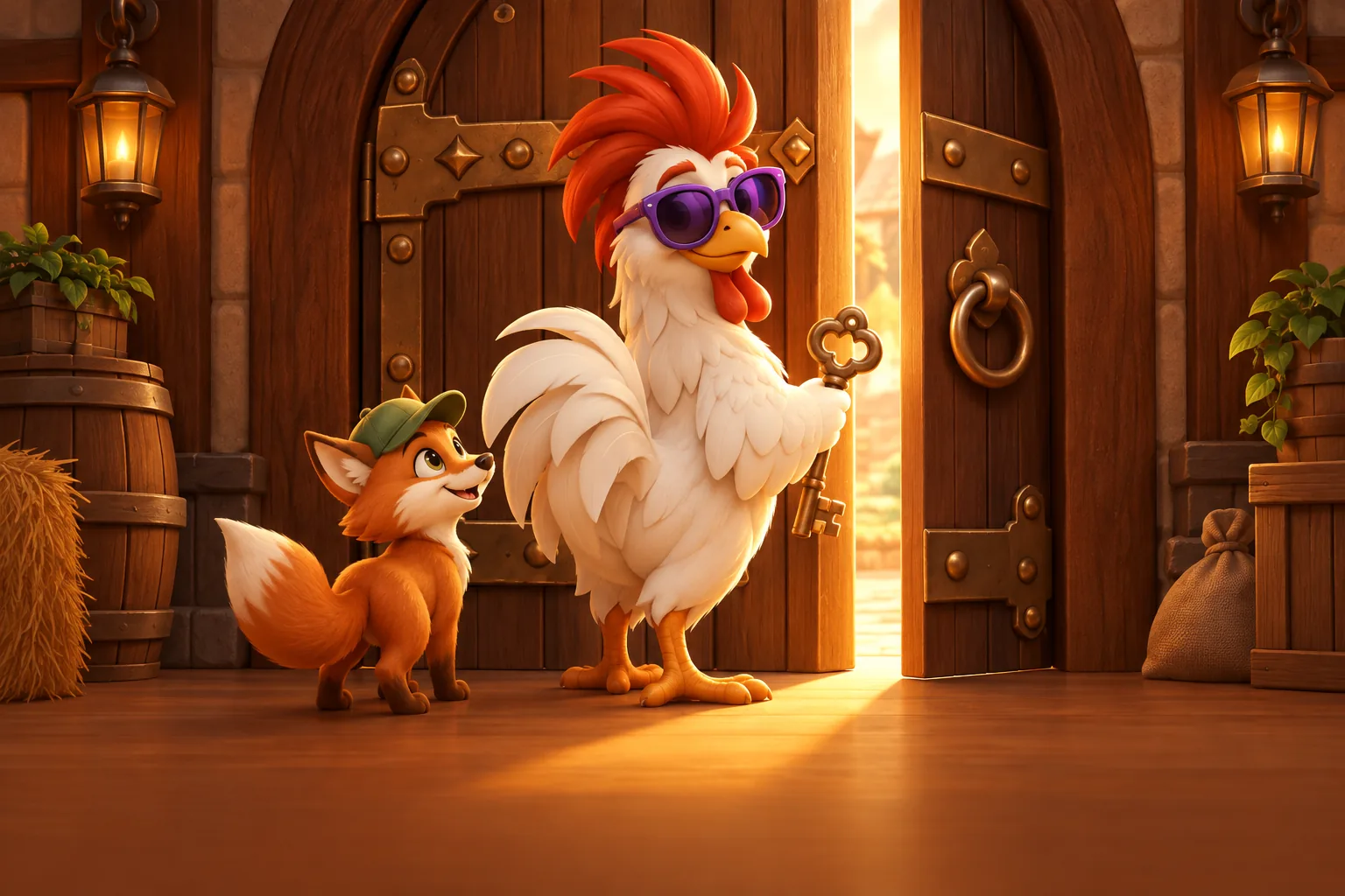 Maskot Roostina s velkým bronzovým klíčem u pootevřených dveří